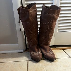 Pink suede cowboy boots